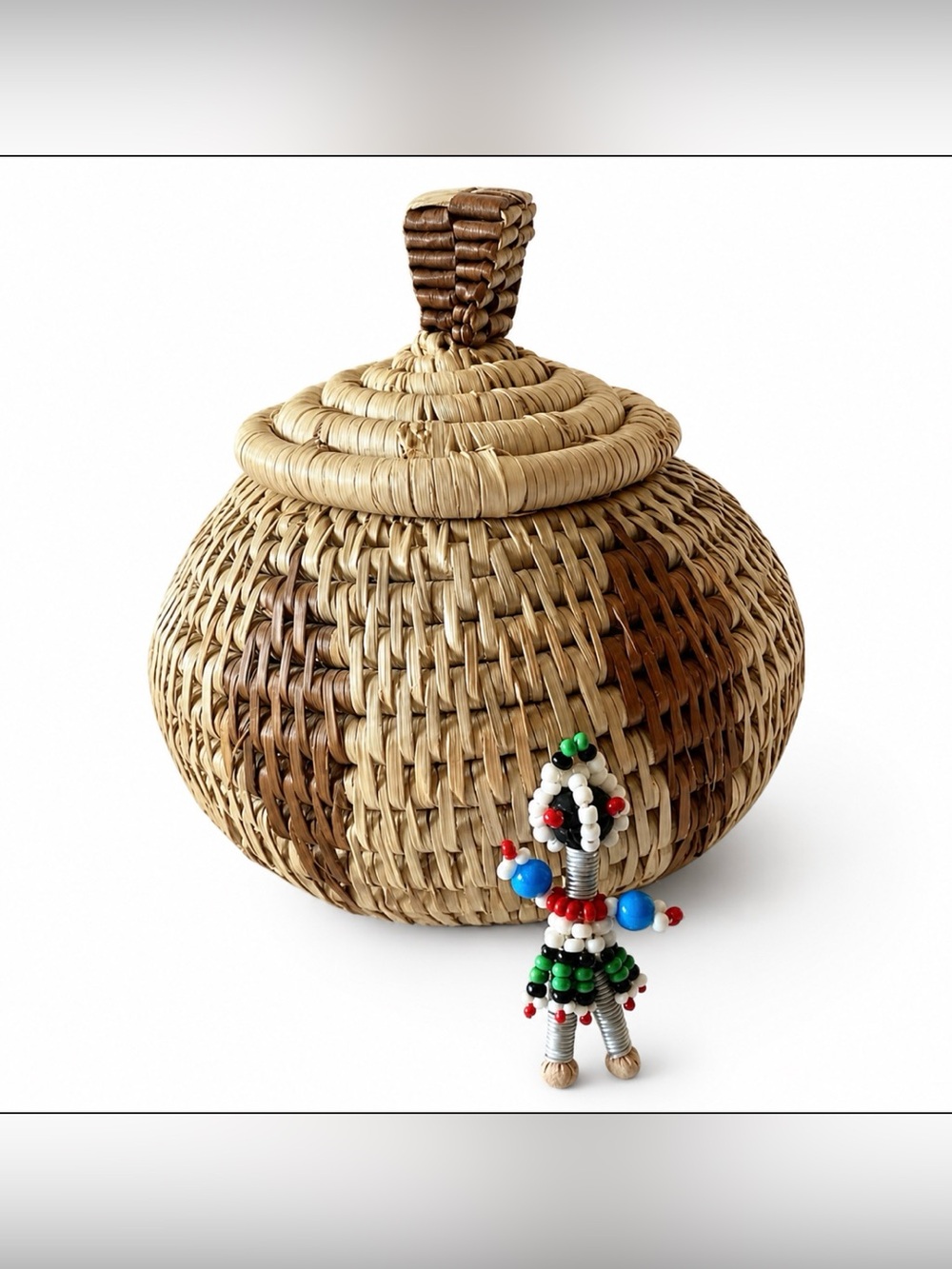 Hand Woven Native American Lidded Basket and Seed Bead Brooch